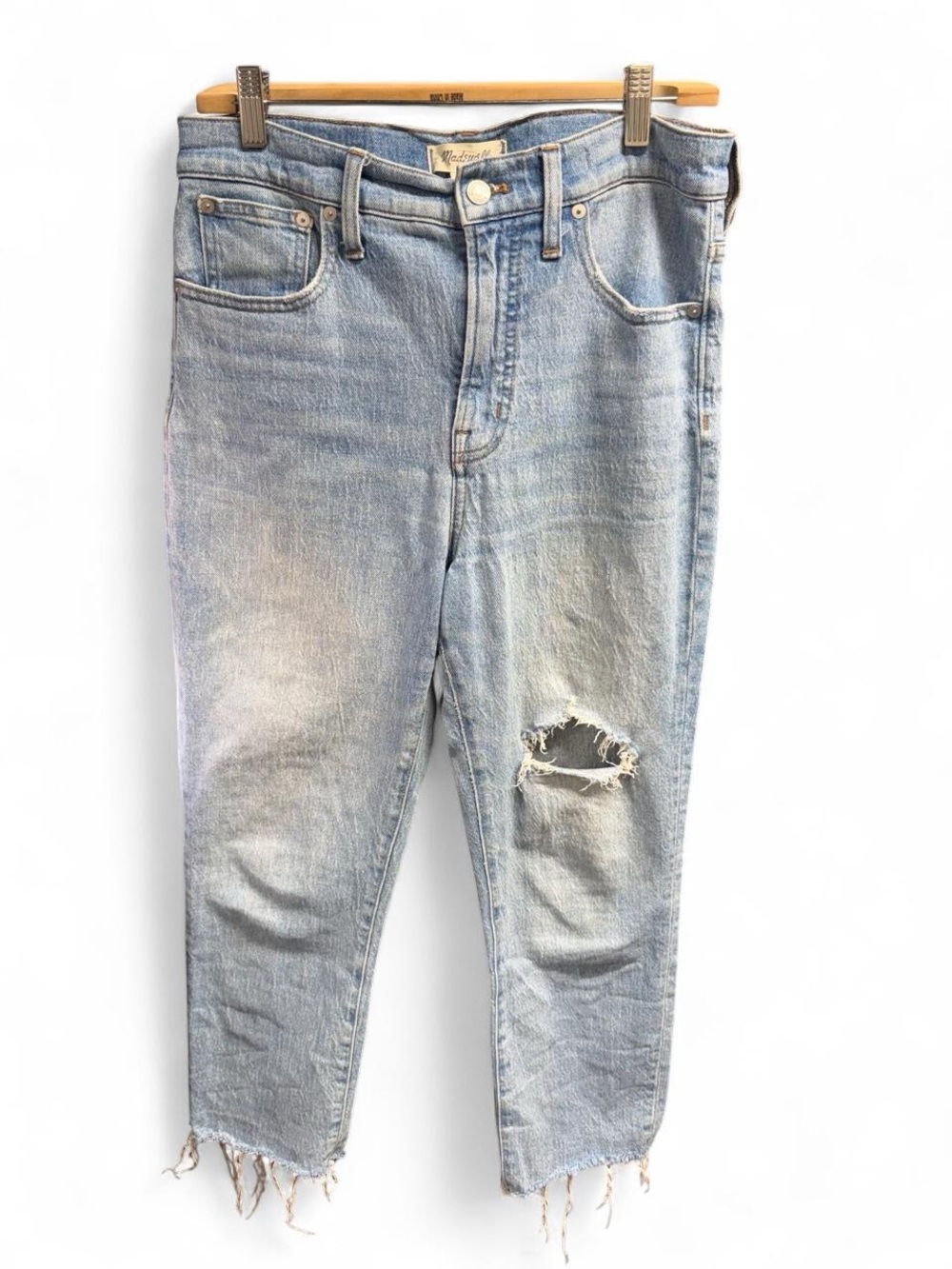 Madewell, “The Perfect Vintage Jean” light wash distressed denim jeans.